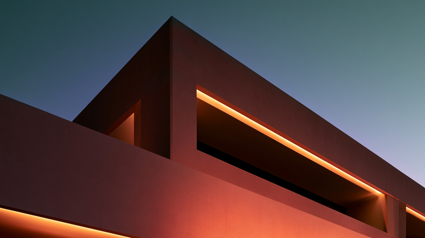 Modern building with warm orange light at dusk, AE brand visual