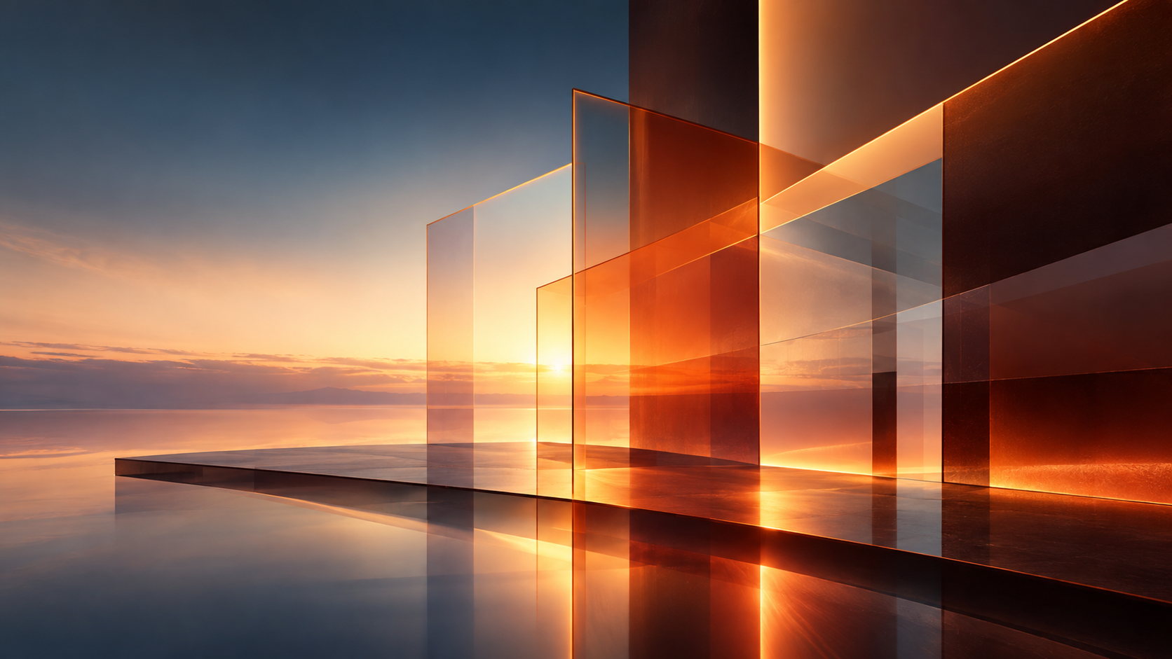Layered glass panes against a calm horizon, AE brand visual