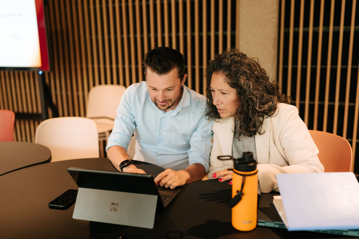 Two AE colleagues working together on a laptop during a training session